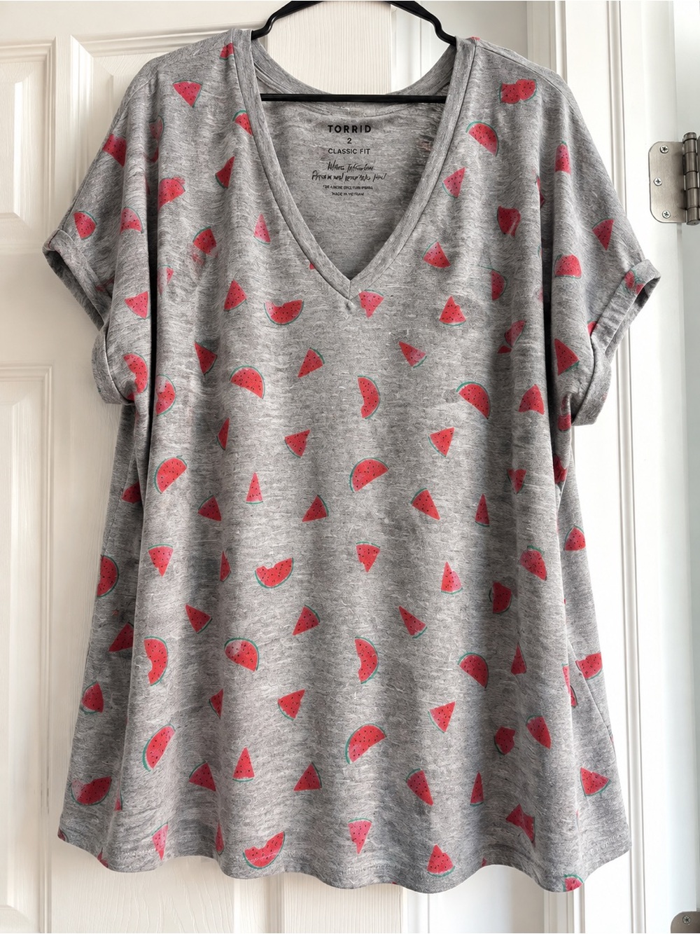 torrid Gray V-Neck Tee with Pink Watermelon Motif